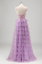 Glitzerndes Flieder A-Linie Ballkleid mit Pailletten und Schlitz